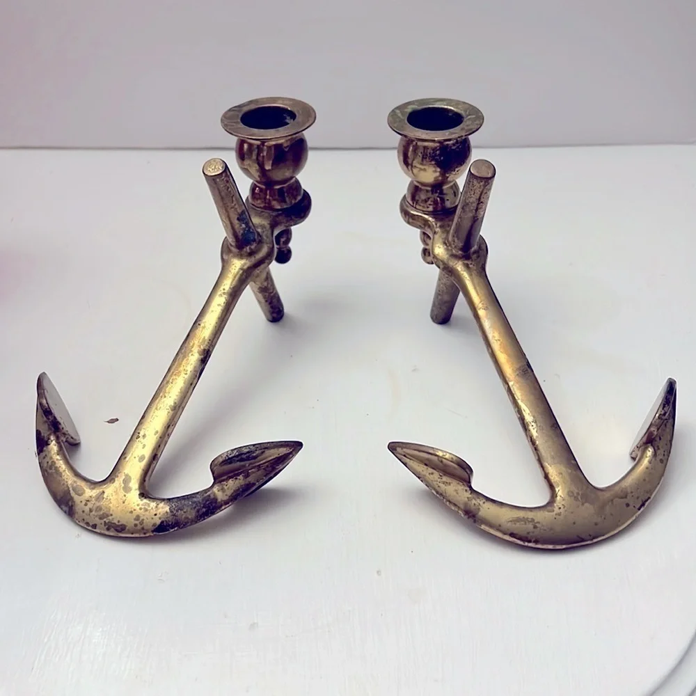 Pair of heavy Vintage Brass Candlesticks of Anchors